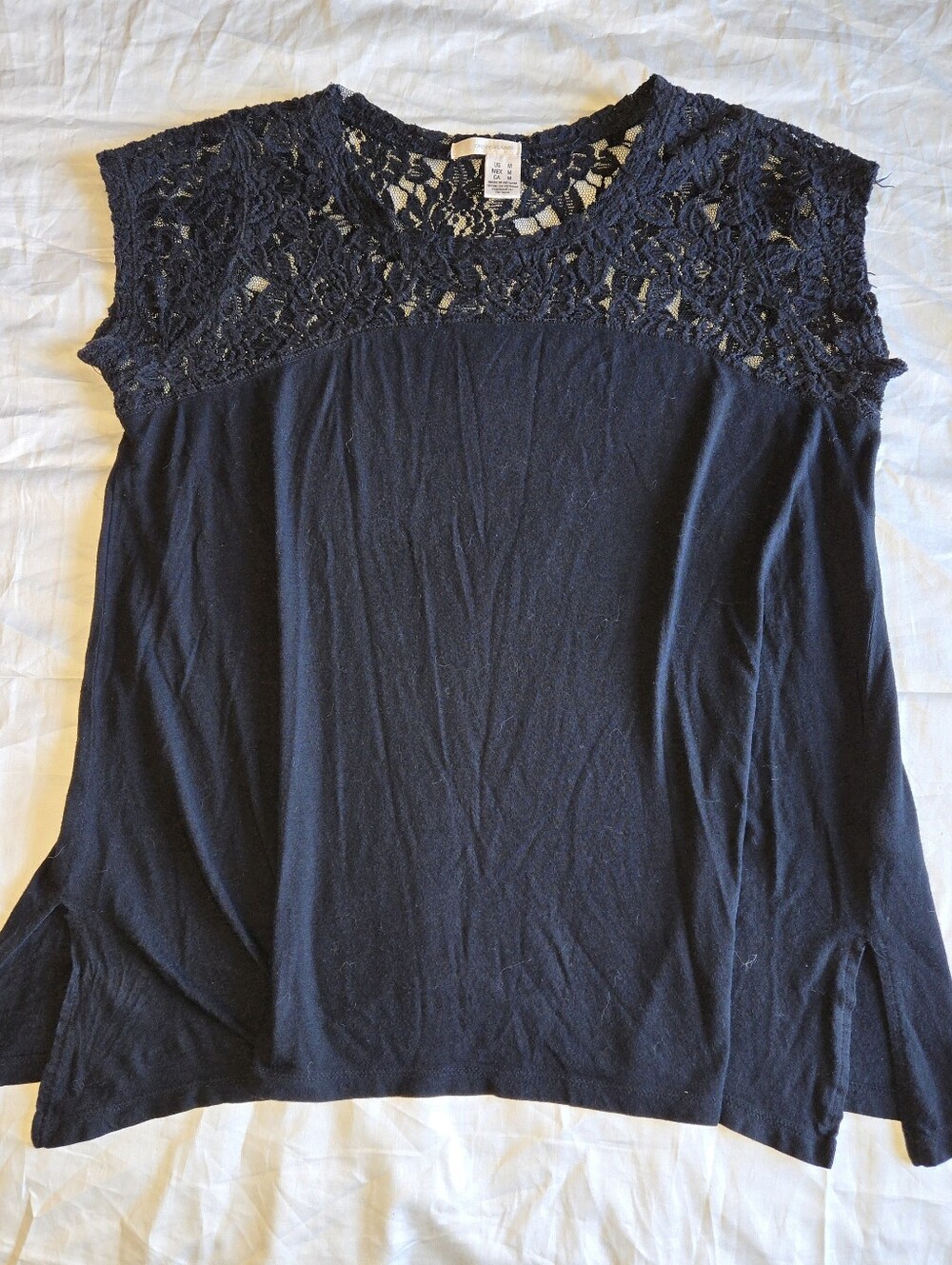 DKNY Black Lace Yoke Short Sleeve Blouse